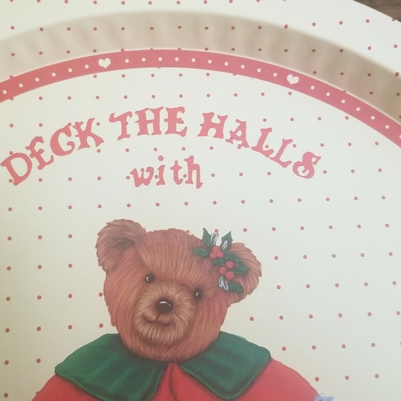 2 13 Inch Tin Christmas Cookie Trays with Deck the Halls with Bears and Holly - Picture 5 of 6
